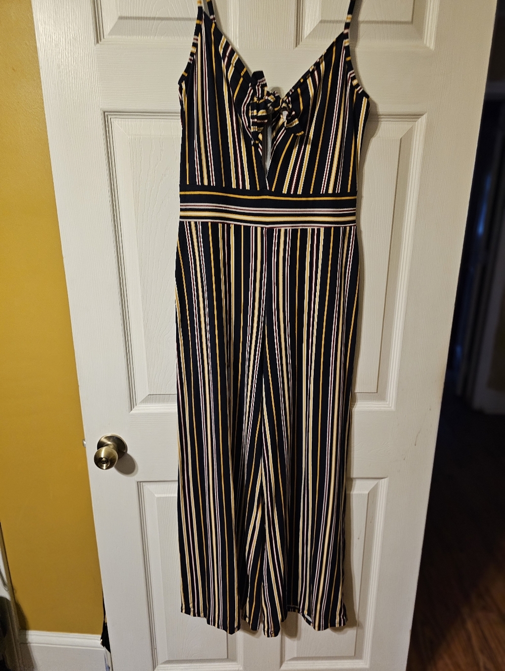 Striped Navy Spaghetti Strap Jumpsuit with Yellow & White Stripes